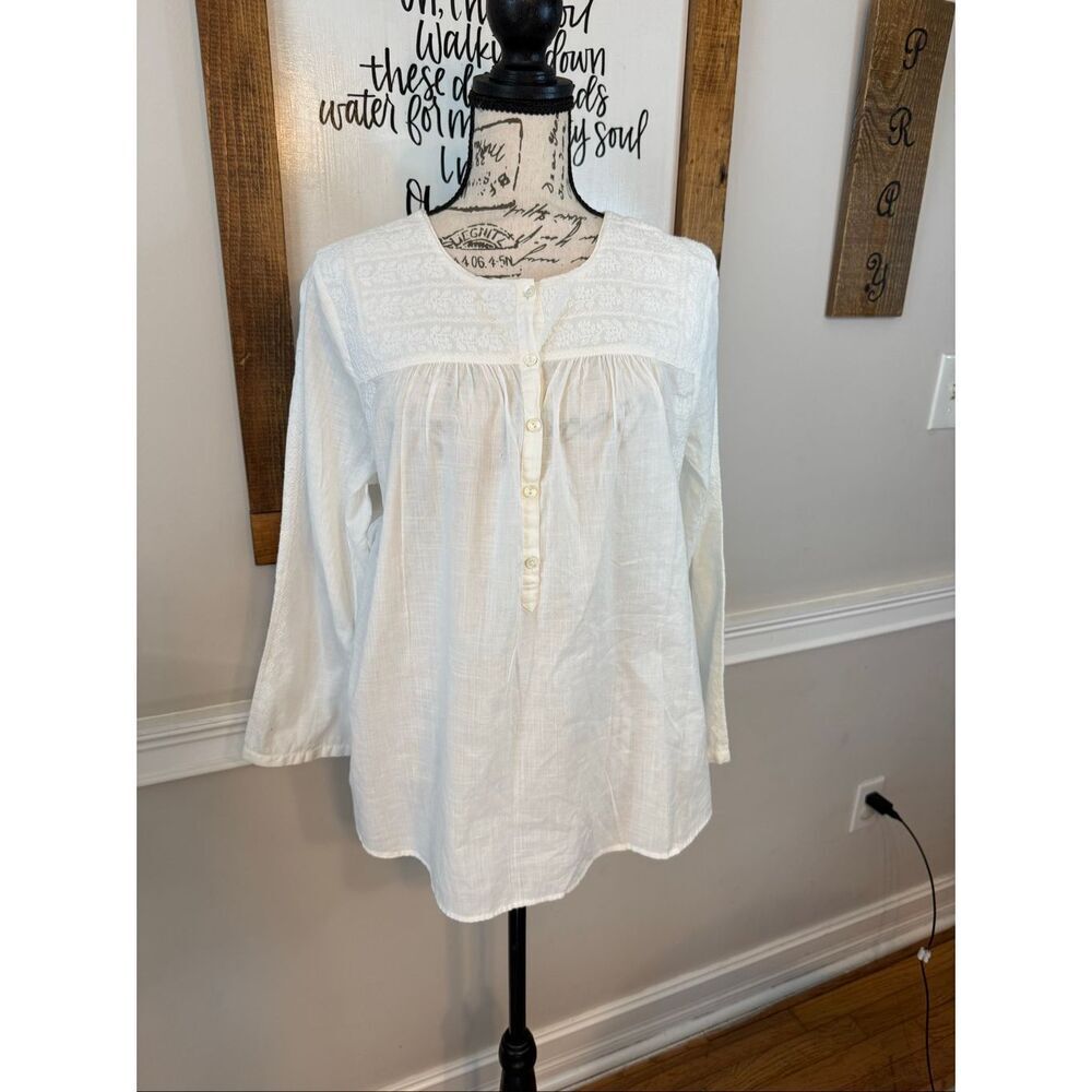 J. Crew Women's Embroidered Half Button Pleated Long Sleeve Blouse White Size 12